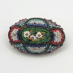Antique Floral Micro Mosaic Brooch Made in Italy 1900s Signed